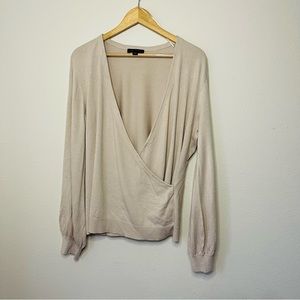 Ann Taylor Oatmeal Silk Blend Faux Wrap Bishop Sleeve Sweater